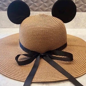 Disney Mickey Mouse Style Straw Wavy Beach Sun Hat - with Mickey Ears Disney accessories Minnie Children&#39;s Adult Sun Beige Cap Accessory