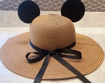 Black Disney Mickey Minnie Mouse Ear Style Straw Hat Beach  display picture 2