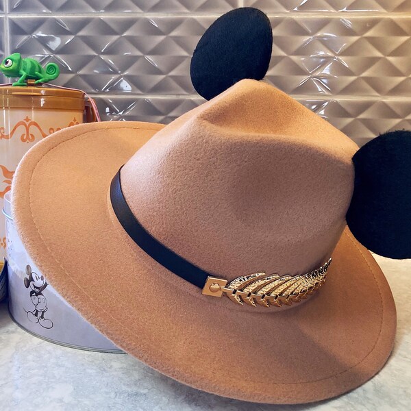 Disney Mickey Mouse Style Panama Hat - Fedora with Mickey Ears Minnie Beige Cowboy Children's Adult Accessories Sun Hat Fancy Dress Costume