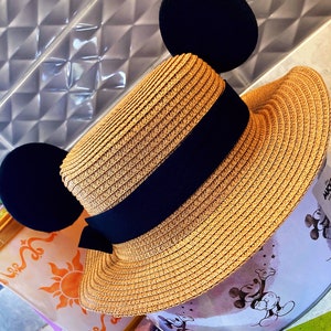 HAND SEWN Mouse Ears Hat- Disney Minnie Mickey Inspired Boat Straw Adult  Sun Hat