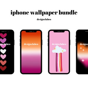May include: A set of four iPhone wallpapers featuring a lesbian pride color scheme. The wallpapers include a heart design, a gradient, a rainbow with a cloud, and a heart with stars.