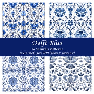 May include: Four seamless patterns in a Delft blue style. The patterns feature intricate floral designs with blue and white colours. Each pattern is 12x12 inches and 300 DPI.