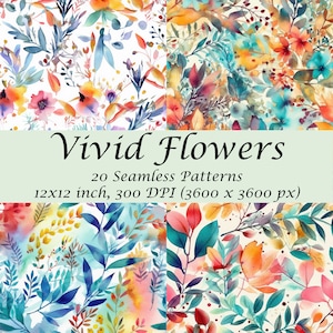 Vivid flowers seamless pattern, vibrant colors, repeating pattern. Digital download, high resolution. Scrapbook, Wallpaper, Colorfull