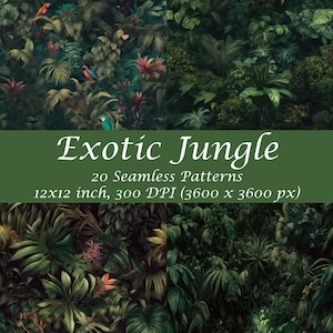 May include: A digital artwork showcasing a dense jungle environment with various shades of green, red flowers, and parrots. The text "Exotic Jungle" is displayed above the description "20 Seamless Patterns, 12x12 inch, 300 DPI (3600 x 3600 px)".