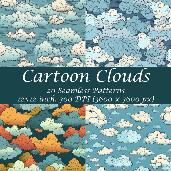 Cartoon clouds seamless patterns, Sky digital pattern, Playful, Creative, Cute, Drawing, Digital paper, digital download, scrapbook,