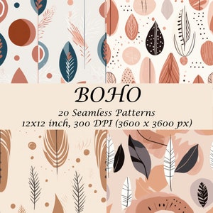 May include: A set of 20 digital seamless patterns in a boho style. The patterns feature abstract shapes, leaves, and feathers in shades of brown, pink, and white. The patterns are 12x12 inches and 300 DPI.