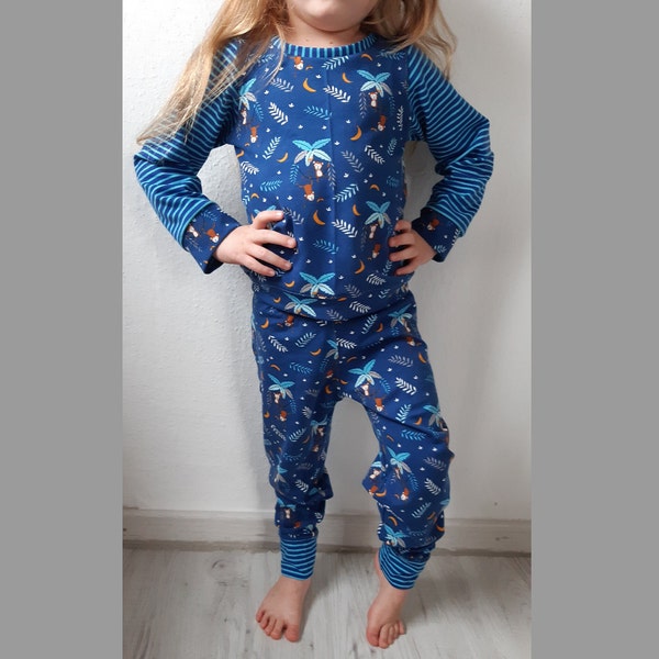 T-shirt singe mignon, chemise à manches longues, pantalon bloomer, ensemble, pyjama pour enfants GR 50 - 158 bleu