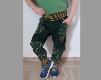 Cotton pants bloomers jungle green for children size. 50 - 158 Harem cut heart and diamonds