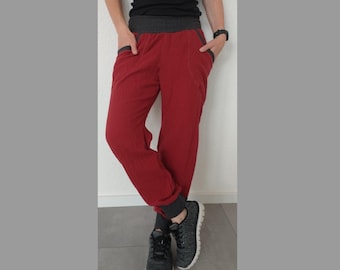 Wine red burgundy muslin pants heart and check women's size 36 - 46 long 3/4 short with/without pockets muslin bloomers harem pants children