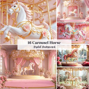 May include: A selection of 16 carousel horse digital backgrounds. The images showcase white horses with gold detailing and pink roses, set within elaborate, pink and gold carousel settings. The text on the image reads "16 Carousel Horse Digital Background."