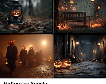 May include: A collage of four Halloween-themed digital backdrops. The images feature a jack-o'-lantern in a forest, a bench with lanterns, figures with pumpkin heads, and a cobblestone street with lit pumpkins. The text "Halloween Spooky Digital Backdrops" is at the bottom.