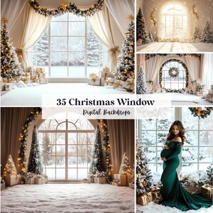 May include: A selection of digital Christmas window backdrops. The images showcase festive scenes with decorated Christmas trees, wrapped gifts, and snowy outdoor views. The text reads "35 Christmas Window Digital Backdrops."