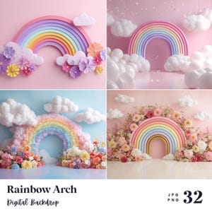 Könnte beinhalten: Vier Bilder mit Regenbogenbögen und flauschigen Wolken. Die Bögen sind in Pastellfarben gehalten und mit Blumen und Wolken verziert. Der Text "Rainbow Arch Digital Backdrop" befindet sich am unteren Bildrand.