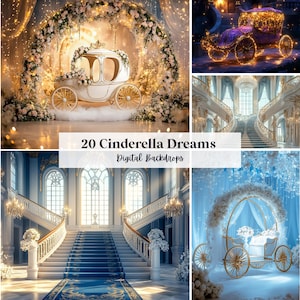 以下が含まれることがあります： シンデレラをテーマにしたデジタル背景のコレクション。画像には、金色の車輪が付いた白い馬車、花のアーチ、大きな階段が写っています。「20 Cinderella Dreams Digital Backdrops」というテキストが表示されています。