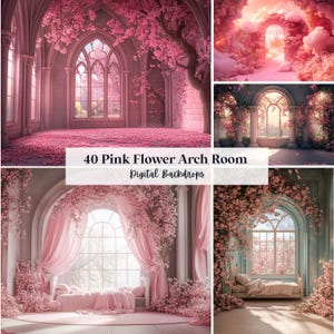 Könnte beinhalten: Eine Sammlung digitaler Hintergründe mit rosa Blumenbogenräumen. Die Bilder zeigen verschiedene Innenszenen mit Bogenfenstern, Blumenarrangements und sanften Rosatönen. Der Text auf dem Bild lautet "40 Pink Flower Arch Room Digital Backdrops."