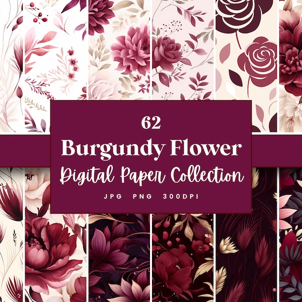 62 Burgundy Flower Digital Paper, Perfect for Textures Backgrounds & Patterns, Instant Download (JPG, PNG), With Commercial Use
