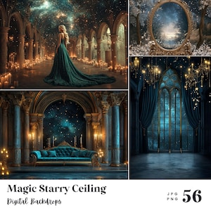 May include: A digital backdrop featuring a grand, ornate hall with a starry ceiling. The hall has tall columns, arches, and a chandelier. The backdrop is perfect for creating magical and whimsical scenes.