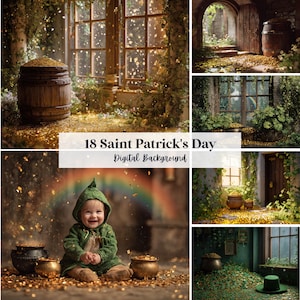 Puede incluir: Un fondo digital con temática del Día de San Patricio. La imagen presenta un bebé con un atuendo verde, ollas de oro y un arcoíris. Se muestra el texto "18 Saint Patrick's Day Digital Background".