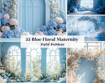 55 fondos digitales florales azules para maternidad, ideales para fotografía, bodas, cumpleaños y baby showers. Elegantes flores azules / Uso comercial. Formatos JPG y PNG.