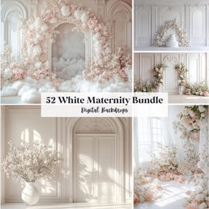 May include: A selection of white maternity digital backdrops. The images showcase elegant architectural features, floral displays, and soft lighting. The text on the image reads "52 White Maternity Bundle Digital Backdrops."