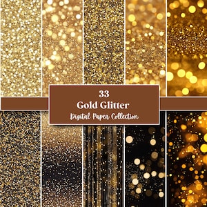 May include: A collection of 33 gold glitter digital papers. The papers feature various textures and patterns, including fine glitter, bokeh effects, and vertical lines of light. The color palette is primarily gold and black.