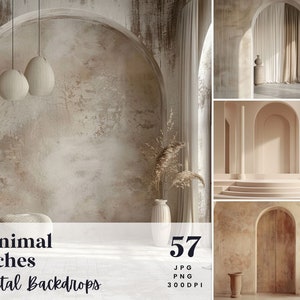 Puede incluir: Una colección de 57 fondos digitales que presentan varios diseños de arcos arquitectónicos en tonos neutros beige y crema. Las imágenes muestran paredes texturizadas, cortinas drapeadas, pilares de piedra y jarrones decorativos en interiores.
