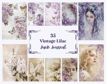 35 Vintage Lilac Junk Journal Pages, Printable Collage Sheet, Digital Scrapbook Paper, Instant Download (JPG, PNG), With Commercial Use