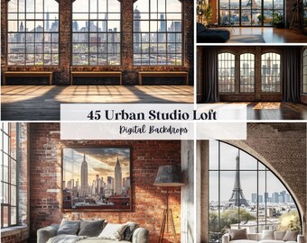 May include: A compilation of digital backdrops featuring urban studio lofts. The images showcase large windows with city views, exposed brick walls, and various interior designs. Text on the image reads "45 Urban Studio Loft Digital Backdrops."