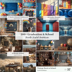 Digital bakgrund för examen och skola, bakgrunder för seniorfotografi för Photoshop, scener från campus med svarta tavlan, JPG PNG