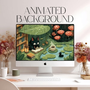 Può includere: Un computer desktop mostra uno sfondo animato con un gatto nero che scrive in un libro sotto una grande foglia. La scena include uno stagno, funghi e il testo "ANIMATED BACKGROUND". Il computer è su una scrivania bianca con fiori.