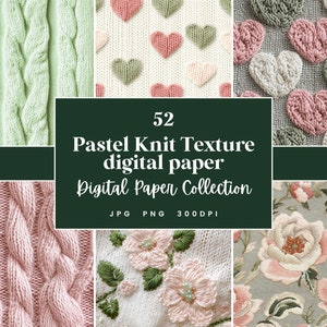 Könnte beinhalten: Eine digitale Papiersammlung mit 52 Pastell-Stricktexturen. Die Sammlung umfasst eine Vielzahl von Strickmustern, darunter Zopfmuster, Herzen und Blumenmuster. Die Texturen eignen sich perfekt zum Erstellen von Hintergründen, Mustern und anderen digitalen Designs.