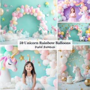 Op de afbeelding: Een collage van afbeeldingen met digitale achtergronden met eenhoornthema. De scènes omvatten eenhoornbeeldjes, regenboogballonnenbogen en een jong meisje in een roze jurk. De tekst luidt "59 Unicorn Rainbow Balloons Digital Backdrops."