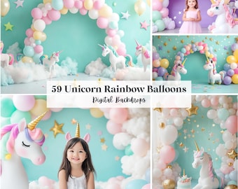 59 Unicorn Rainbow Balloons Birthday Digital Backdrops, Perfect for Birthday, Special Day, Cake Smash, Background (JPG, PNG Format)