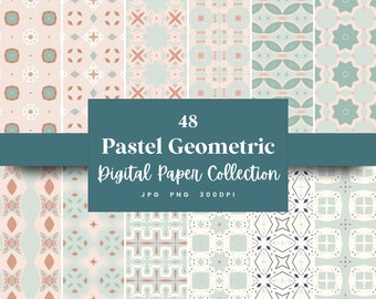 48 Pastel Geometric Digital Paper, Perfect for Textures Backgrounds & Patterns, Instant Download (JPG, PNG), With Commercial Use