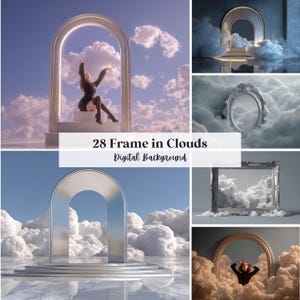 May include: A digital background image featuring a collection of arched frames set against a backdrop of clouds. The frames are in various styles, including silver, gold, and ornate designs. The text "28 Frame in Clouds Digital Background" is displayed.