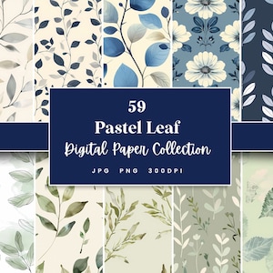 May include: A digital paper collection featuring 59 pastel leaf patterns. The patterns include various shades of blue, green, and white. The patterns are perfect for creating invitations, cards, and other paper crafts.