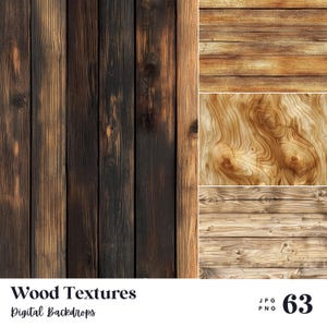 Papel digital con 63 texturas de madera, ideal para fondos y patrones, descarga instantánea (JPG, PNG), para uso comercial.