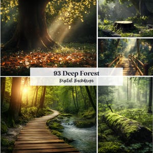 May include: A collection of digital backdrops featuring deep forest scenes, including sunlit trees, a wooden bridge, a mossy log, and a wooden path beside a stream. The text 93 Deep Forest Digital Backdrops is centred over the images.