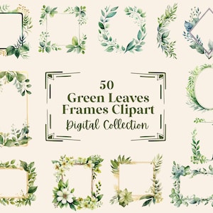50 ilustraciones de imágenes prediseñadas de marcos de plantas verdes, perfectas para álbumes de recortes, diarios, planificadores, manualidades, descarga instantánea (PNG, WEBP), uso comercial
