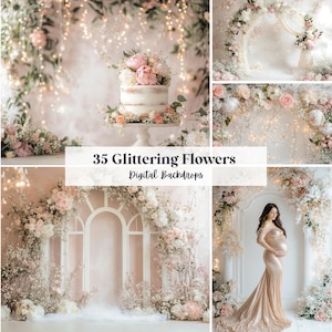 Pode incluir: Uma colagem de fundos digitais com arranjos florais e um bolo. Os fundos incluem arcos, paredes e um suporte para bolo, todos adornados com flores rosa e brancas. O texto "35 Glittering Flowers Digital Backdrops" é sobreposto.