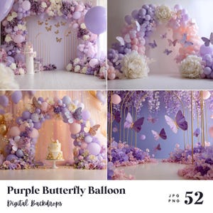 May include: A digital backdrop featuring a purple butterfly balloon arch with a cake and floral arrangements. The scene includes lavender, pink, and white balloons, paper butterflies, and the text "Purple Butterfly Balloon Digital Backdrops".