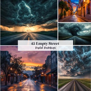 Puede incluir: Una colección de fondos digitales que presentan calles vacías bajo cielos dramáticos. Las imágenes muestran diversas condiciones climáticas, incluyendo tormentas eléctricas, puestas de sol y un tornado, con carreteras que conducen a la distancia. El texto en la imagen dice "45 Empty Street Digital Backdrops."