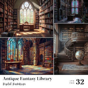 32 Antique Fantasy Library Digital Backdrops, Perfect for Wedding, Birthday, Special Day, Maternity, Background, Overlay, (JPG, PNG Format)