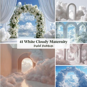 Puede incluir: Una colección de 41 fondos digitales con nubes blancas, arcos arquitectónicos y arreglos florales. El texto 41 White Cloudy Maternity Digital Backdrops está centrado sobre las diversas escenas de cielo, pilares y formaciones de nubes etéreas.