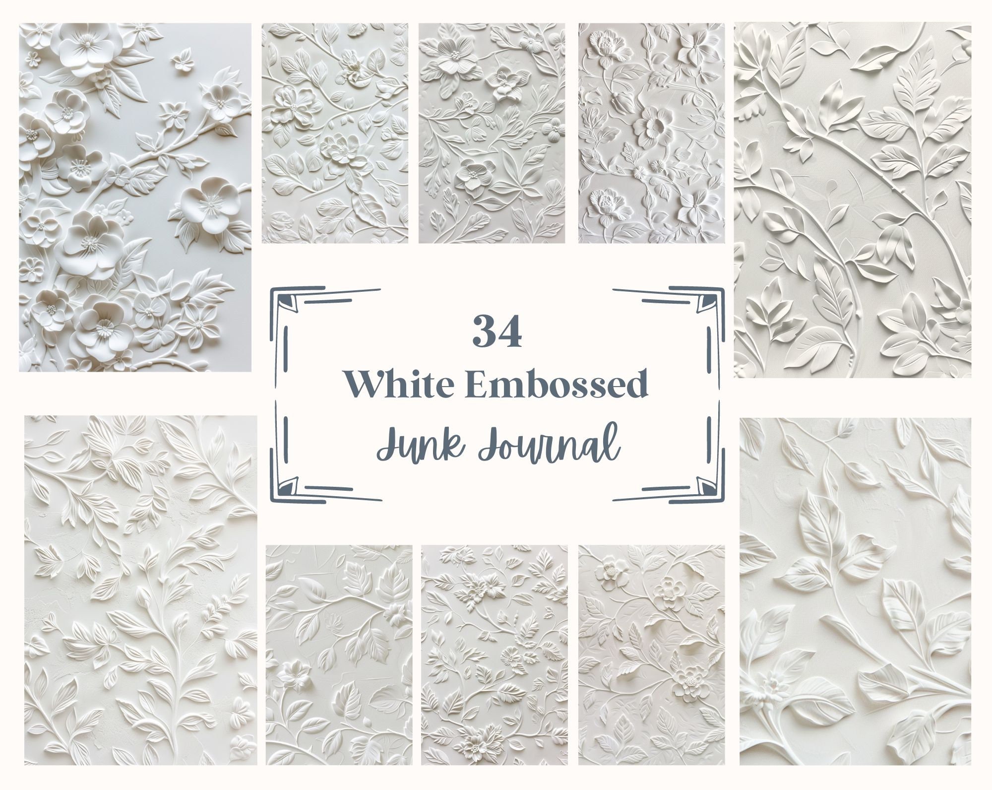 34 White Embossed Junk Journal Pages, Printable Collage Sheet, Digital Scrapbook Paper, Instant Download (JPG, PNG), With Commercial Use