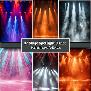 Könnte beinhalten: Eine digitale Papiersammlung mit sechs Paneelen von Bühnenscheinwerfern mit blauen, roten, orangen und weißen Lichtstrahlen vor dunstigen Hintergründen. Der zentrale Text lautet 37 Stage Spotlight Dance Digital Paper Collection.
