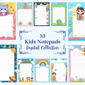 33 schrijfpagina's voor kinderen, schattige notitieblokken, digitaal plakboekpapier, instant download stationair (JPG, PNG), met commercieel gebruik