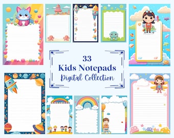 33 Kids Writing Pages, Cute Notepads, Digital Scrapbook Paper, instant download stationary (JPG, PNG), With Commercial Use