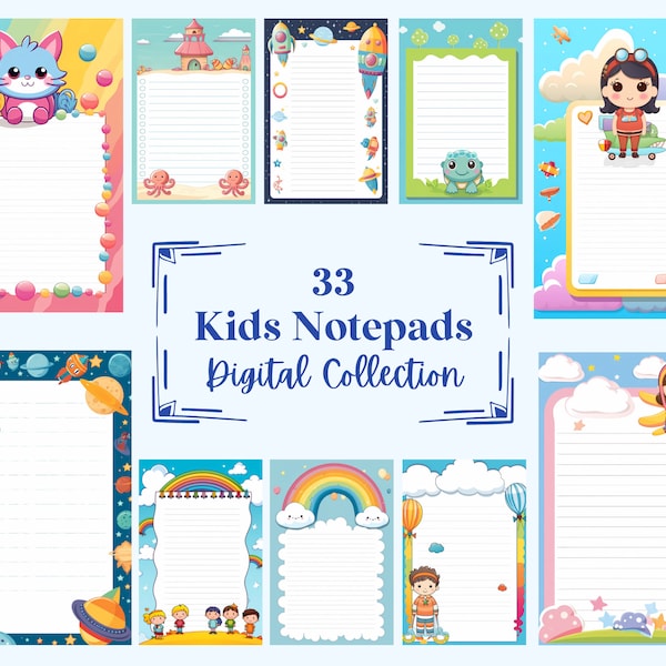 33 Kids Writing Pages, Cute Notepads, Digital Scrapbook Paper, instant download stationary (JPG, PNG), With Commercial Use