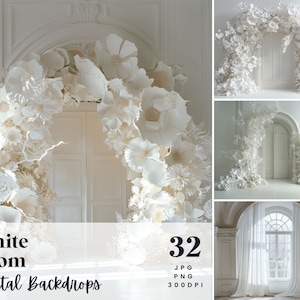 Könnte beinhalten: 32 digitale Hintergründe mit einem weißen Raum mit einem großen weißen Blumenbogen und einem Fenster mit weißen Vorhängen. Die Hintergründe sind in den Formaten JPG und PNG mit 300 DPI verfügbar.